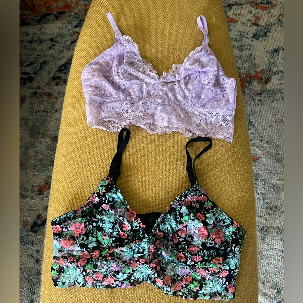 Victoria's Secret Lavender Lace Bralette + Black Floral Bralette
